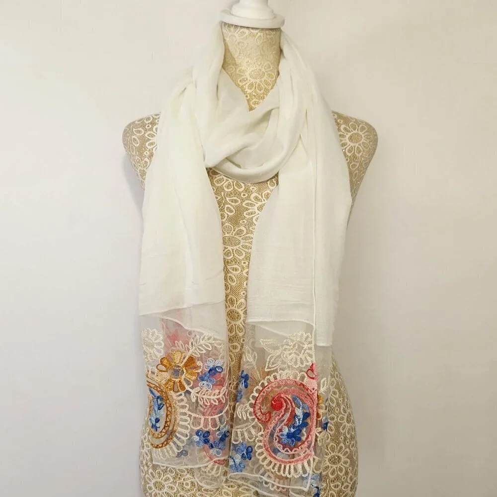 Scarf Women's Rectangle White Detailed Floral Embroidered Linen Blend Boho City